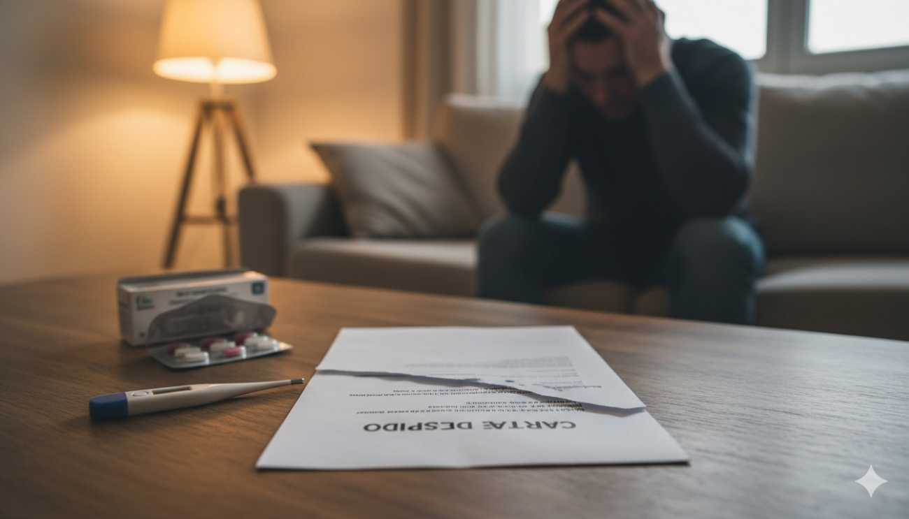 Un termómetro y una carta de despido sobre una mesa, simbolizando la situación legal de un trabajador despedido durante una baja médica.